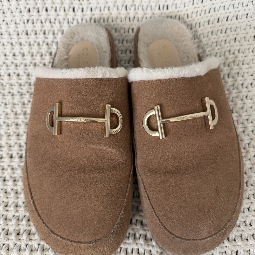 Cole Haan Tan Suede Mules with Gold Accent